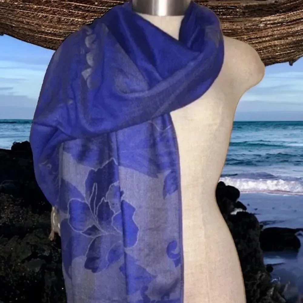 Large Damask Floral Print Scarf/Wrap | Blue/Purple with Twisted Fringes 68”x20”